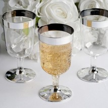 12 Plastic Silver Rimmed Clear Wine Glasses Cups Disposable Party Home Gray - £7.77 GBP