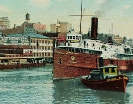 1909 River Scene Cleveland Ohio Steamers Ship Chandlers Signs Downtown Postcard - £19.09 GBP