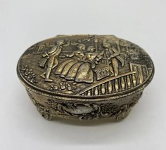 Vtg Gold Tone Metal Victorian Scene Trinket Box Made In Japan - £18.34 GBP