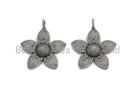 CZ Micro Pave Sakura Flower Pendant, Antique Silver Tone, Clear Cubic Zirconia - $13.90