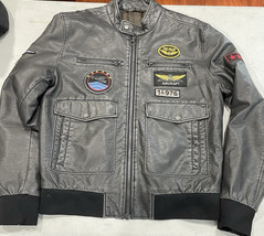 Zara Moto Aviator Jacket Mens XL Faux Leather Bomber Lined Pilot Patches... - $32.66