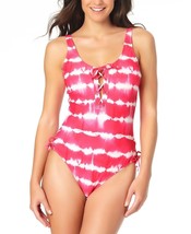 California Waves Pink Juniors&#39; Tie-Dyed Stripe One-Piece Swimsuit Size M Lace Up - £15.78 GBP