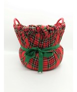 Vintage Hand-painted Red Padded Plaid Woven Wicker Christmas Basket with... - £11.60 GBP