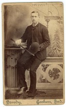 Antique CDV Circa 1870s Dawdy Handsome Man With Cane &amp; Derby Hat Goshen Indiana - £11.00 GBP