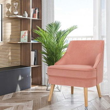 Velvet Upholstered Accent Chair with Rubber Wood Legs-Pink - £196.87 GBP