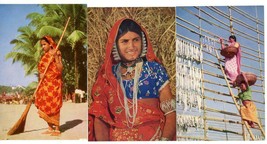 3 Postcard India Village Bride Drying Bombay Ducks Woman w Broom RPPC Un... - $4.50