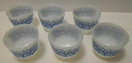 FEDERAL GLASS USA Set of 6 vtg Glass Custard Dessert Bowls White Blue Fl... - $34.95