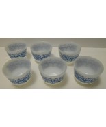 FEDERAL GLASS USA Set of 6 vtg Glass Custard Dessert Bowls White Blue Fl... - $34.95