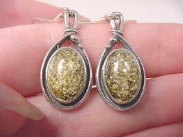 (pe36-2L) Green Amber Oval .925 Sterling Silver Dangle Design Earrings Jewelry - £32.12 GBP