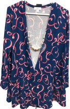 NWT LuLaRoe Medium Blue Pink &amp; White Ribbon Hearts Caroline Cardigan Swe... - $24.74