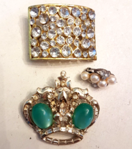 VTG Scatter Pin LOT 3 Rhinestone Crown Green Moonstone Miniature Faux Pearl - $19.74