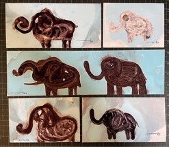 Tonito Original 5 pieces painting.HERD.Elephants.Unique art.Organic surrealism - $33.25