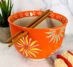 Japanese Design Ceramic Ramen Noodles Bowl Chopsticks Set Orange Flower ... - $19.99