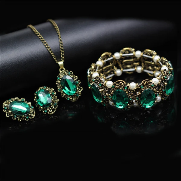 Fashion Wedding Bridal Jewelry Sets Green Crystal Antique Bronze Jewelry Set Nec - £18.95 GBP