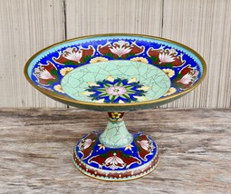 Vintage Chinese Cloisonné Footed Tazza Compote Art Nouveau Style 9 1/2&quot; - £155.51 GBP