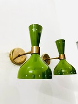 1950s Mid Century Brass Italian Diabolo Wall Sconce Light Green Scones lamps - £97.56 GBP