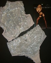 Victoria&#39;s Secret high-neck 34D,34DD BRA SET high-waist panty PINK silver foil - £70.95 GBP