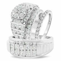 Simulated Diamond Engagement Wedding Ring Trio Set 14k White Gold Plated Silver - £158.23 GBP