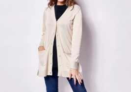 Isaac Mizrahi Live! Button Front Cardigan With Patch Pockets Linen, SMALL - £20.66 GBP