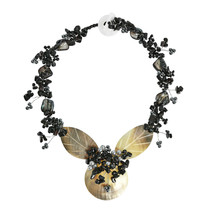 Golden Hue Medallion &amp; Black Onyx and Shell Statement Necklace - £43.54 GBP