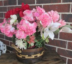 Artificial Planter Woven Basket with Handle Pink &amp; Red Flowers Faux Indoor Plant - £13.16 GBP