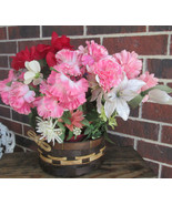 Artificial Planter Woven Basket with Handle Pink &amp; Red Flowers Faux Indo... - £13.27 GBP