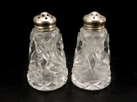 Vintage Glass Tapered Salt &amp; Pepper Shakers, Fan And Star Cuts, Brass Sc... - £15.57 GBP