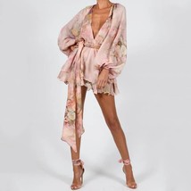Ailigou Women&#39;s Autumn V-neck Chiffon Print Dress Waist Ruffle Dress Feminine La - £102.94 GBP