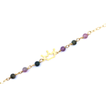 Bracelet Fille Or Jaune 9k Perles Agate Rhodonite Naturelle Couronne 7.1... - $128.66