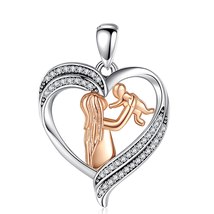 925 Sterling Silver Mother Baby Necklace Rose Gold Color Paved-Crystal Heart Pen - £29.99 GBP