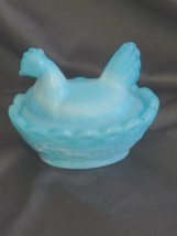 Aqua Blue Slag Milk Glass Mini Hen on Nest SALT DIP 2.5&quot; Open Salt Dish - £19.77 GBP