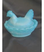Aqua Blue Slag Milk Glass Mini Hen on Nest SALT DIP 2.5&quot; Open Salt Dish - £19.73 GBP