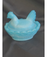 Aqua Blue Slag Milk Glass Mini Hen on Nest SALT DIP 2.5&quot; Open Salt Dish - £19.75 GBP