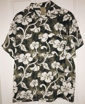 Extreme Gear Hawaiian Shirt Small Flowers Wooden Buttons Olive Green White - £9.43 GBP