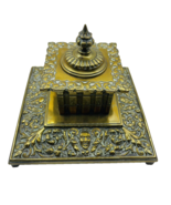 Victorian Inkwell Ornate Brass Circa 1850 Green Man Repousse Square 6w x 5h - £73.91 GBP