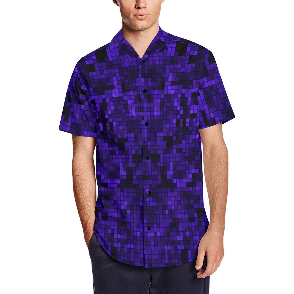 Blue Pixelate Geometry Men's Short Sleeve Shirt With Lapel Collar