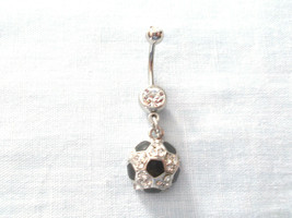 Soccer Ball Clear Crystals and Black Enamel Design on 14g Clear CZ Belly Ring - £7.82 GBP