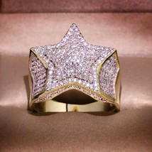 Gold Bling Star Pentagram Ring with Zircon Stone Hip Hop Fashion Jewelry for Wom - £13.50 GBP