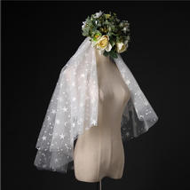 Elbow Length Wedding Bridal Veils Layer Moon Star Pattern Lace Tutu White Veils  image 2