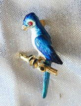 Elegant Enamel Gold-tone Blue Parrot Brooch 1960s vintage - $12.30