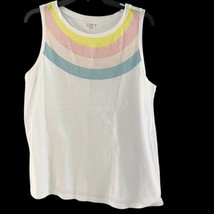 Loft Women&#39;s L Large Sleeveless Tank Top Crew Neck White Rainbow 100% Co... - £9.81 GBP