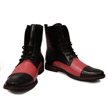 High Ankle Pink Black Cap Toe Handmade Genuine Leather LaceUp Stylish Boots - £133.15 GBP