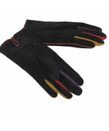 Vintage 90’s Fowries suede gloves with colored trim black red purple mus... - $823.57 MXN