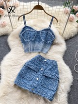  women summer sexy denim set strapless sling zipper design tops short button mini skirt thumb200
