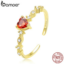 Genu925 Silver Red Heart Stone Adjustable Ring for Women 14k Gold Plating Ring J - £17.50 GBP