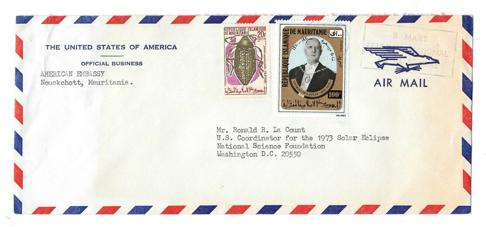 USA Embassy Official Business Airmail Envelope Mauritania Sc276 290 8Mars Slogan - $37.50
