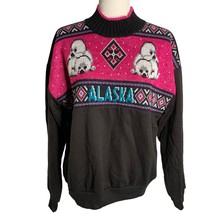 Vintage 90s Mock Neck Alaska Sweatshirt L Black Knit Seals Pullover Flee... - £36.77 GBP