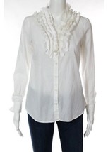 J Crew White Cotton Long Sleeve V Neck Ruffle Button Down shirt blouse Top 0 xs - £19.77 GBP