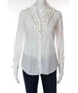 J Crew White Cotton Long Sleeve V Neck Ruffle Button Down shirt blouse T... - £19.70 GBP