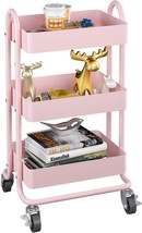 Miocasa 3-Tier Metal Utility Rolling Cart, Heavy Duty, And Garden (Pink). - £31.15 GBP